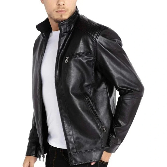 Men's Stand Collar Leather Jacket Motorcycle Lightweight - Picture 3 of 7